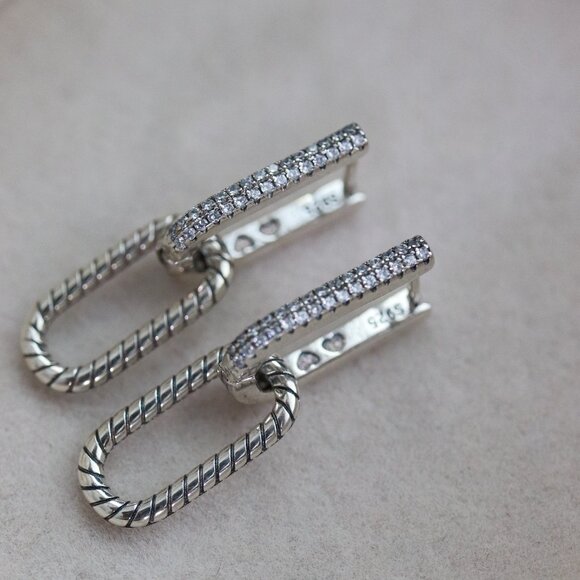 S925 U Shaped Hoop Drop Style Dangling Snake Skin Style with CZ Stone Earrings - Picture 5 of 8